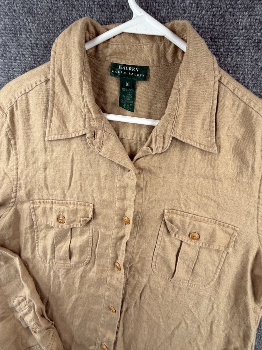 Lauren Ralph Lauren All Linen Size 16 Women Button Up Shirt Tan Long Sleeve - Picture 2 of 16